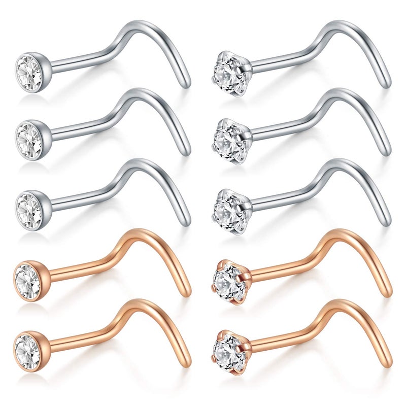 D.Bella Nose Rings 10Pcs 18G Nose Screw Rings Studs Surgical Steel Piercing Jewelry 2mm Clear CZ Rose Gold and Silver - Image 1